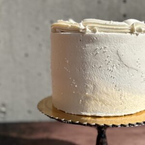 Vegan eggless birthday cake with textured white buttercream, from Epiphany Cakes in Nelson, BC