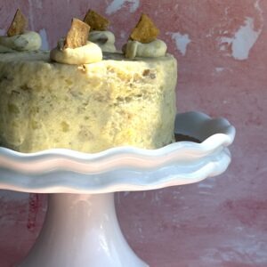 Pupcake, a dog-friendly cake on a cake stand from Epiphany Cakes in Nelson, BC